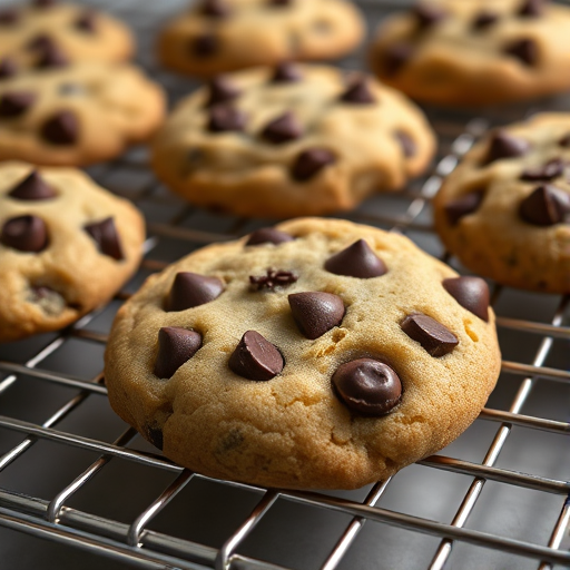 Close-up shot of freshly baked chocolate chip cookies on a cooling rack, f/2.8, 1/60s, ISO 100, 50mm lens, natural light, shallow depth of field, DSLR camera.