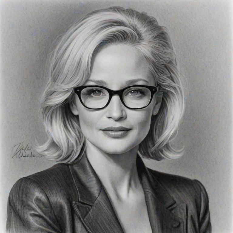 Exquisite Ellen Barkin, pencil sketch, portrait of Splendid woman 1943s in glasses, hair style beatnik, outline, clear lines, fine lines, 8k
