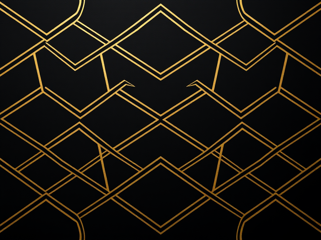 Create a seamless geometric pattern with gold lines on a black background, using a high-resolution digital camera, 50mm lens, f/8 aperture, ISO 100, top-down view, and a soft focus style for enhanced texture.