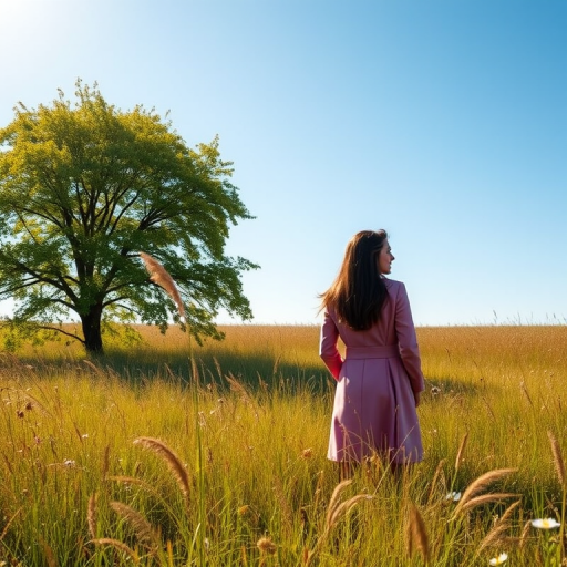 Create a serene landscape featuring a vibrant green tree on the left side and a silhouette of a woman in a pink coat standing in a field of tall grass with wildflowers under a bright blue sky, using a DSLR camera at f/8 aperture, ISO 100, 50mm lens, and a wide-angle perspective to enhance depth and clarity.