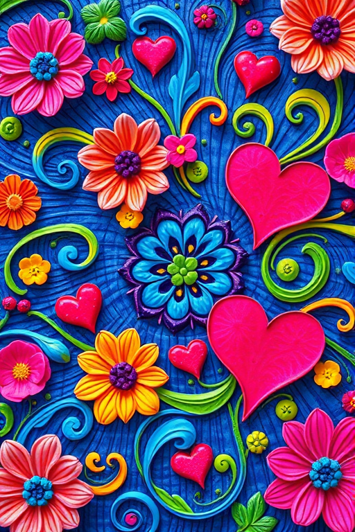 Create a vibrant floral design with colorful swirling patterns and hearts, captured with a DSLR camera at f/2.8, 50mm lens, ISO 100, shot from a top-down view, using natural light for enhanced colors.