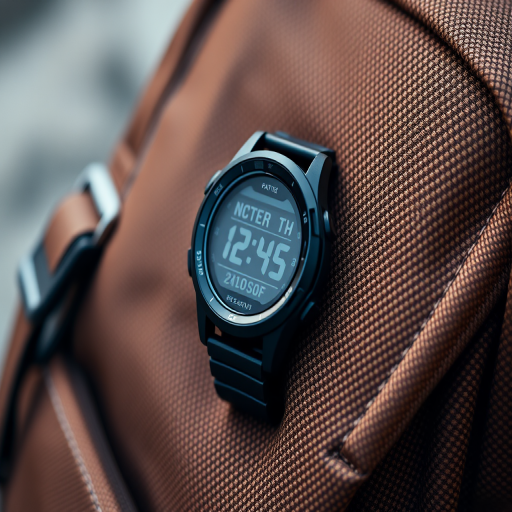 Close-up shot of a black digital watch resting on a textured brown backpack, use a 50mm lens, aperture f/1.8, shutter speed 1/250s, ISO 100, natural light, macro photography style, full-frame DSLR camera.