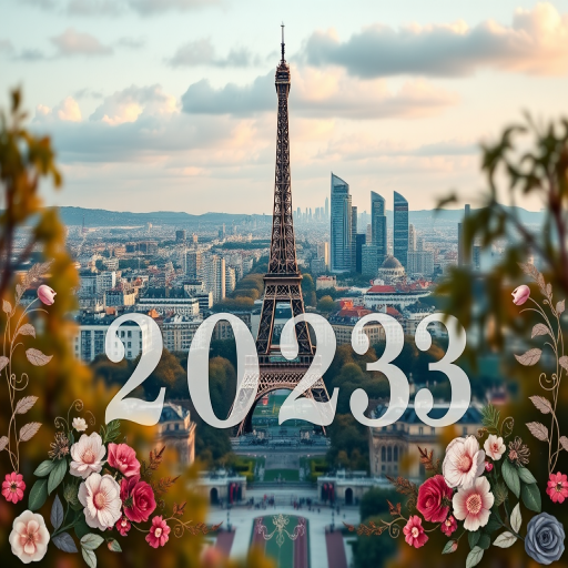 Create a high-resolution image of a stylized Paris skyline with the Eiffel Tower, intricate floral designs, and the year "2023" prominently displayed, using a Canon EOS R5 with a 50mm lens at f/1.8, ISO 100, and a shallow depth of field for a blurred background effect.