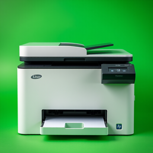 Create a high-resolution image of a printer against a vibrant green background, use a DSLR camera with a 50mm lens, aperture set to f/2.8, ISO 100, and a slight vignette effect to enhance focus on the printer.