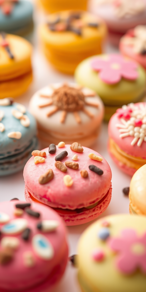 macro shot of colorful macarons with assorted toppings on a white background, aperture f/2.8, ISO 200, shutter speed 1/200s, natural light, DSLR camera, shallow depth of field, vibrant colors