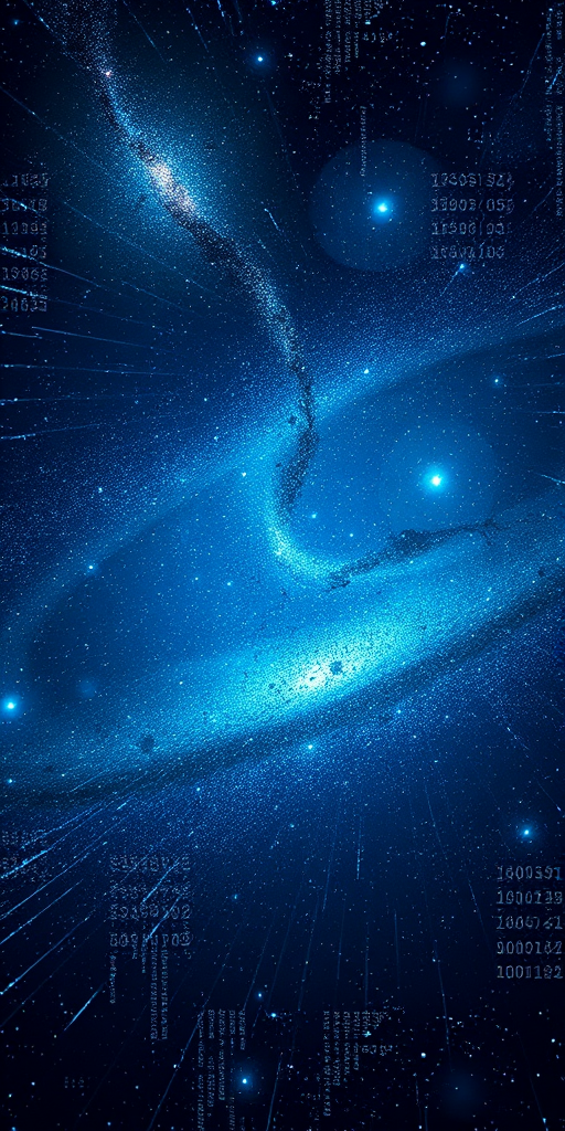 Create a cybernetic galaxy scene with cascading binary code, featuring twinkling stars and distant galaxies, shot with a DSLR camera at f/8, ISO 200, 16mm focal length, and a wide-angle view to enhance depth and clarity.