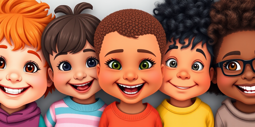 Generate a colorful, cartoon-style image of five diverse children with expressive faces, using a high-quality digital art technique, shot with a Canon EOS R5 at f/8, ISO 100, 50mm lens in a flat lay view for vibrant colors and sharp details.