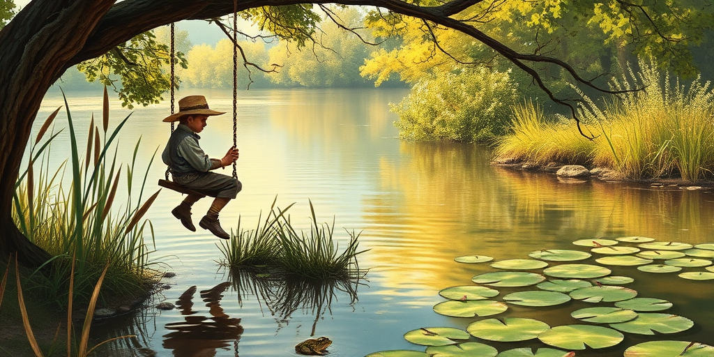 Imagine a small group of old fashioned young boys out fishing by the creek, a swing hanging from a tree branch, reeds and grasses by the water's edge, a frog sitting on a lily pad, dragonflies hovering over som water plans, a very iconic old fashioned scene reminiscent of a Norman Rockwell painting style