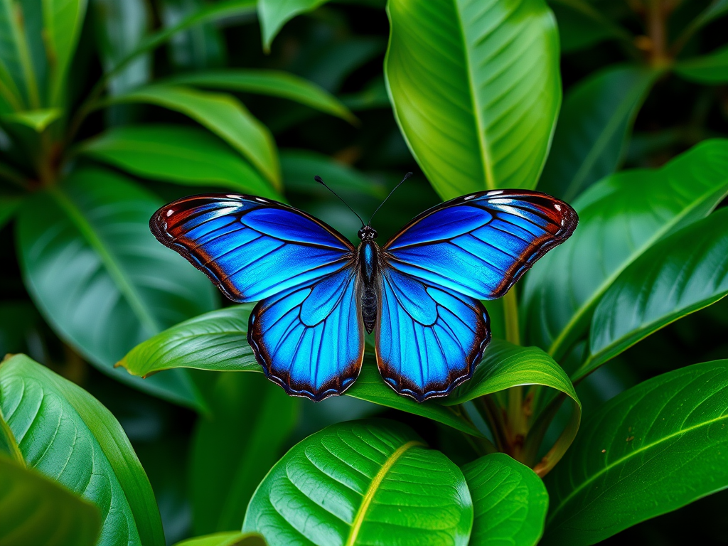 Generate an image of a vibrant blue butterfly perched on lush green leaves in a tropical setting, capturing the intricate patterns on its wings and the rich textures of the foliage around it.