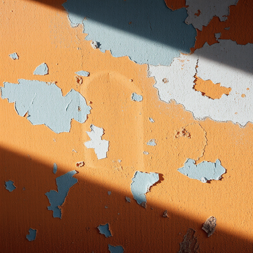 Create a high-resolution image of a weathered wall with peeling paint in shades of orange and blue, captured with a DSLR camera at f/8 aperture, ISO 100, 50mm lens, soft natural lighting, and a slight vignette effect to enhance texture and depth.