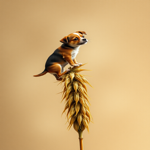 Soft, muted Alcohol Ink with ebru effect background image of tiny whimsical dog, who climbed high on the top of a golden rye ear.