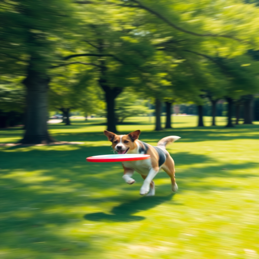 Blurry action shot of a dog chasing a frisbee in a grassy park, soft focus on the background trees swaying in the wind, with vibrant green and blue tones in the image.