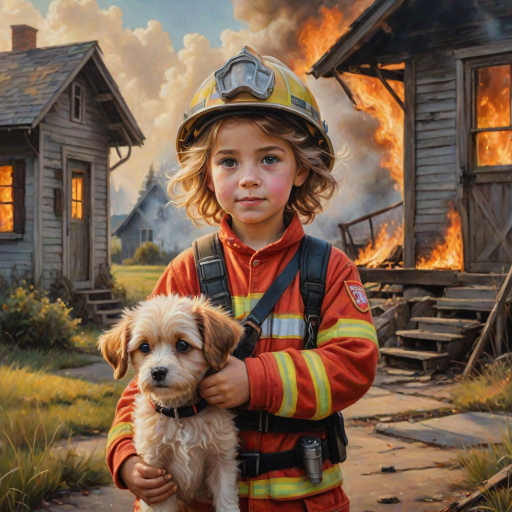 airbrushed oil painting, pixar style, cute little girl in fireman gear, helmet, tousled hair, expressive eyes, standing in the doorstep of a cottage burning behind him, holding a cute little dog in her arm, atumn sky