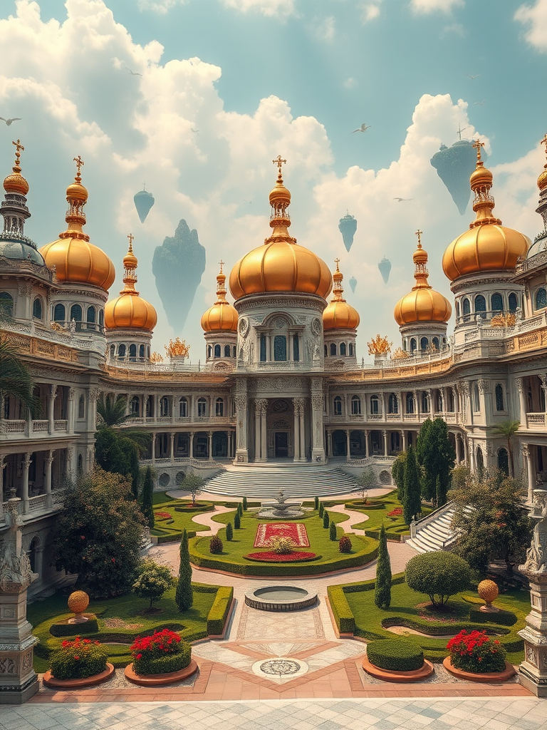 generate a majestic fantasy palace with intricate architecture, golden domes, lush gardens, and floating islands in the background, captured with a DSLR camera, f/8 aperture, 24mm lens, 1/125 second exposure, daylight setting, high dynamic range style.