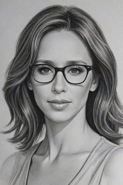 Pleasing Jennifer Love Hewitt, pencil sketch, portrait of Stunning woman 1944s in glasses, hair style beatnik, outline, clear lines, fine lines, 8k