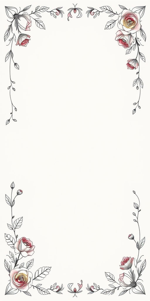 Create an elegant hand-drawn floral border design with intricate roses and leaves, soft grey background, high-resolution digital illustration, captured with a Canon EOS R5, 50mm lens, f/2.8 aperture, ISO 100, soft natural lighting.