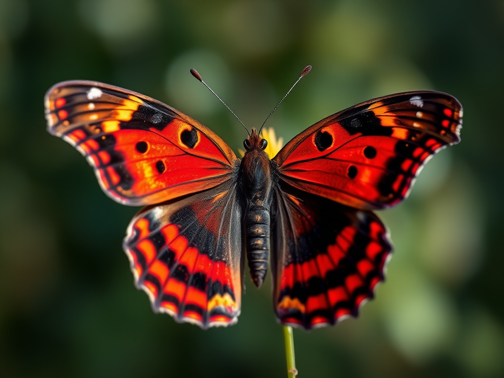 Create a high-resolution close-up photograph of a vibrant red and black butterfly with detailed patterns on its wings, using a Canon EOS R5 with a 100mm macro lens, aperture set to f/2.8, ISO 100, and natural lighting to emphasize texture and color vibrancy, shot from a slightly elevated angle.