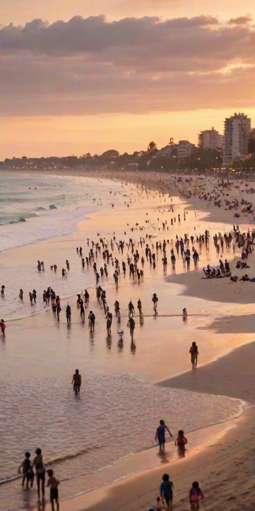 Blurry, wide-angle shot of a crowded beach at sunset, with colorful umbrellas dotting the sand, children building sandcastles, and surfers riding the soft waves, the sky painted in warm orange and pink hues.