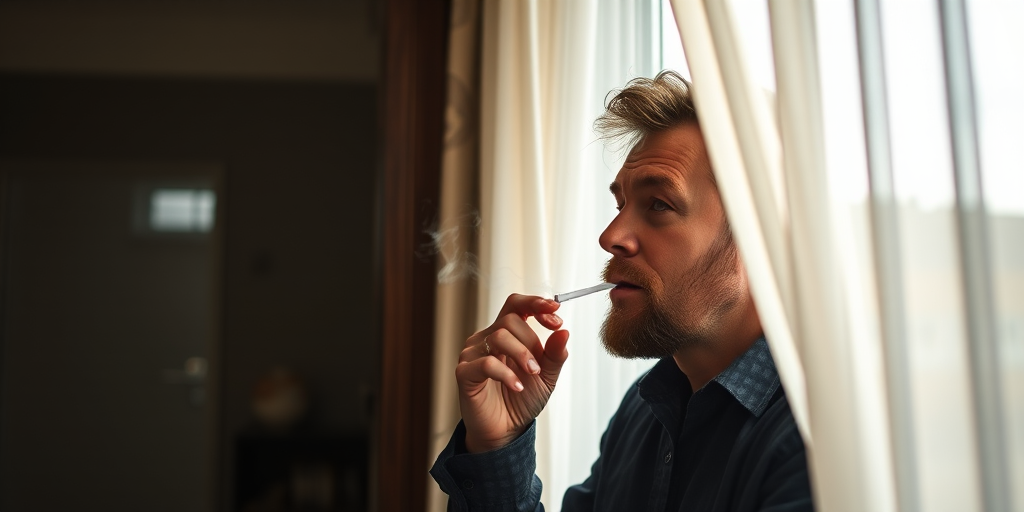 portrait of a man smoking at a window with curtains softly blowing in the breeze, natural light, shallow depth of field, 50mm lens, f/1.8, ISO 200, 1/200s, captured with a DSLR camera