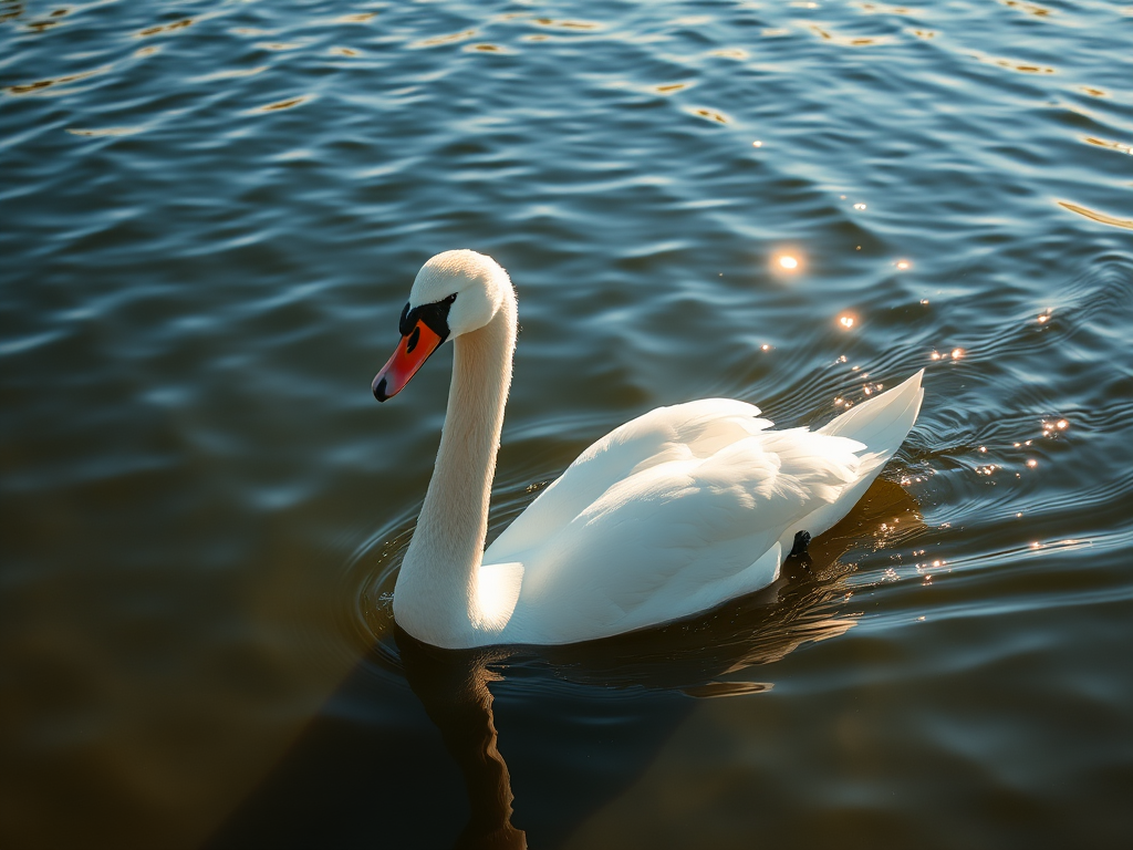 Capture a serene swan gracefully swimming in a shimmering lake, with vibrant reflections on the water surface, using a DSLR camera with a 70mm lens, aperture f/2.8, shutter speed 1/500s, ISO 100, in natural light during golden hour for enhanced clarity and detail.