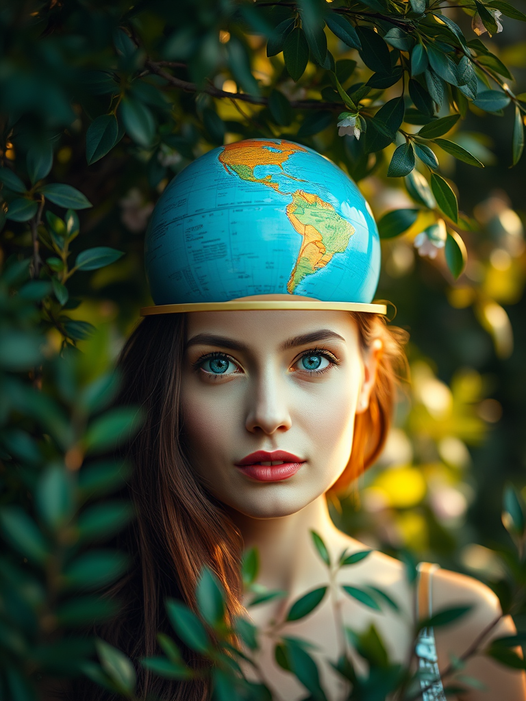 Create an ethereal portrait of a woman with a globe on her head, surrounded by lush greenery, soft focus, f/1.8 aperture, ISO 100, with a 50mm lens, natural lighting, and a high dynamic range for enhanced color depth.