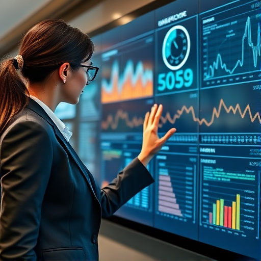 Create an image of a woman in business attire interacting with a large digital display showing various data visualizations and graphs, use a DSLR camera with a 50mm lens, aperture set to f/1.8 for a shallow depth of field, shooting in natural light with a slight bokeh effect, and capture from a slightly low angle to emphasize the data on the screen.
