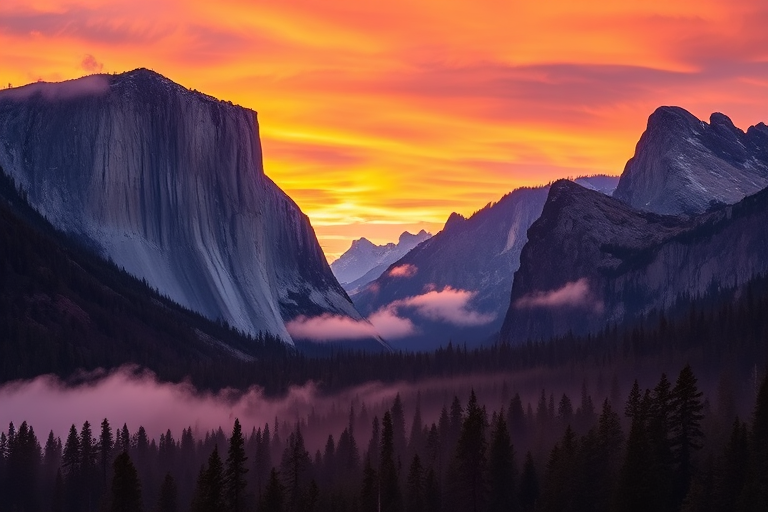 Regenerate a dramatic landscape of towering mountains at sunset with vibrant orange and purple skies, dense forests in the foreground shrouded in mist, shot with a DSLR camera, f/11 aperture, ISO 100, 24mm focal length, and a tripod for stability.