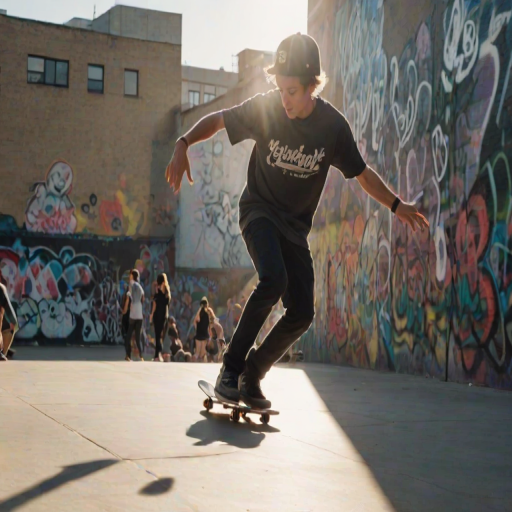Blurry, fast-paced image of a skateboarder performing a trick in an urban skate park, graffiti-covered walls in the background, sunlight casting long shadows on the pavement, other skaters watching from the sidelines, the sound of wheels on concrete filling the air.