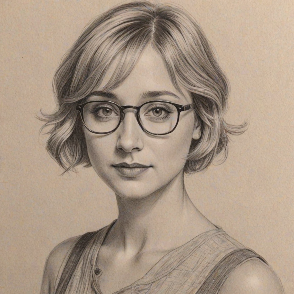 Fascinating Allison Mack, pencil sketch, portrait of Superb woman 1920s in glasses, hair style beatnik, outline, clear lines, fine lines, 8k