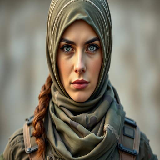 Portrait of a woman dressed in tactical military attire, wearing a scarf and head wrap, with a serious expression, shot in natural light, 85mm lens, aperture f/1.8, ISO 200, shallow depth of field, soft background blur, high-resolution DSLR camera.