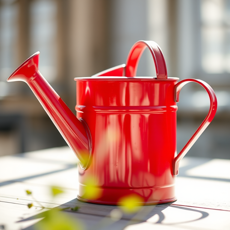 a bright red vintage watering can with a shiny finish, positioned in natural light, macro lens, aperture f/2.8, ISO 100, 50mm focal length, soft background blur, high-resolution photography