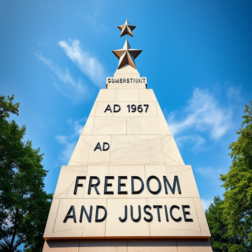 Regenerate the image of a monument with a star on top, showcasing the inscription "AD 1957" and "FREEDOM AND JUSTICE" in a vibrant style, using a DSLR camera with a 35mm lens, f/8 aperture, ISO 200, and a wide angle view to capture details and enhance clarity.