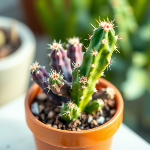 A vibrant cactus in a terracotta pot with a soft watercolor texture, captured with a DSLR camera at f/2.8 aperture, 50mm lens, in natural light, using a shallow depth of field for enhanced detail and a blurred background.