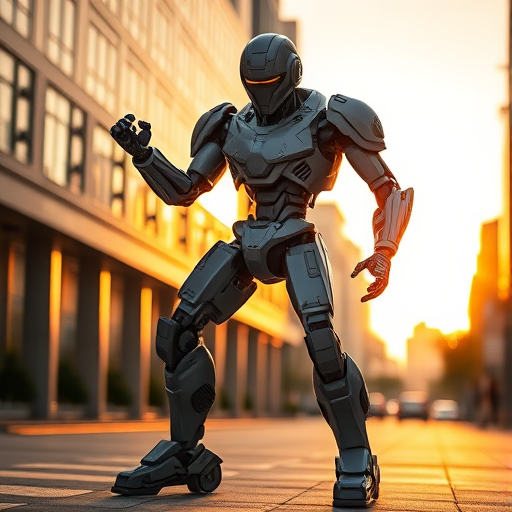 Full body shot of a futuristic robot in a dynamic pose, captured in a well-lit urban environment during golden hour, using a DSLR camera with an aperture of f/2.8, ISO 100, and a shutter speed of 1/250s, wide-angle lens for an immersive perspective.