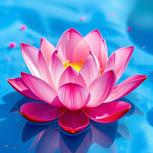 Create a vibrant watercolor illustration of a pink lotus flower on a serene blue water background, with splashes of bright colors, using a DSLR camera at f/8, 1/250s shutter speed, ISO 100, with a macro lens, in natural light, capturing a high-resolution close-up view.