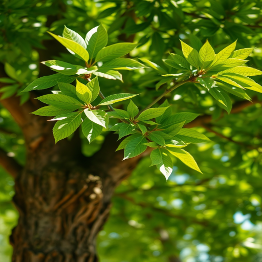 Create a high-resolution digital illustration of a tree with lush green leaves and a sturdy brown trunk, using a macro lens with a shallow depth of field to emphasize the texture of the leaves, shot with a DSLR camera in bright natural light.