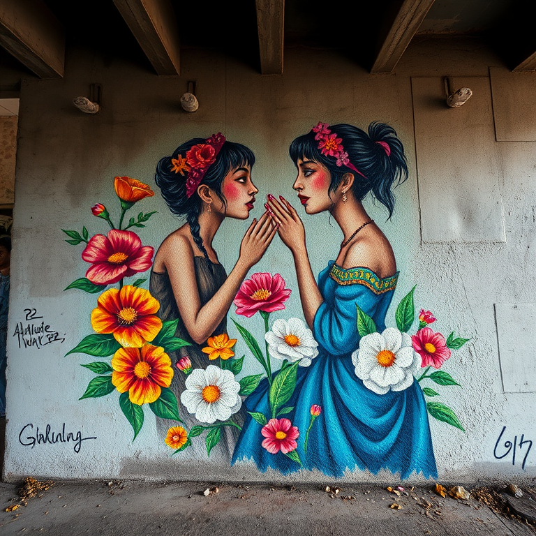 Create a vibrant mural on a textured concrete wall depicting two women interacting with flowers, using a Canon EOS R5, 24mm lens, f/4, ISO 100, 1/125 sec, with a wide-angle perspective to capture details and colors vividly.