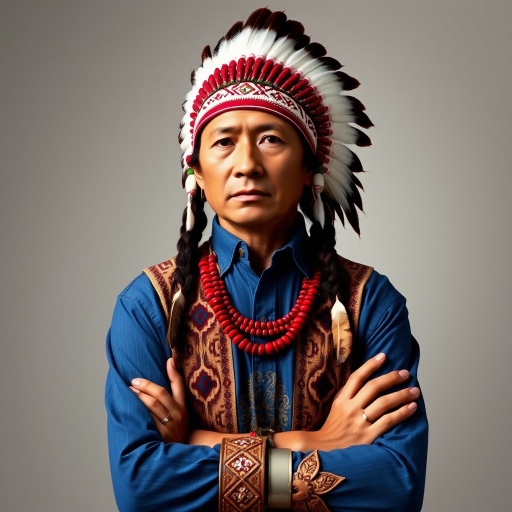Create a dignified portrait of a Native American man dressed in traditional attire. He wears a beautifully crafted headdress adorned with white feathers and red beads, along with a beaded headband featuring intricate patterns. His clothing includes a deep blue, patterned shirt and a traditional chest piece with detailed beadwork. His arms are crossed, displaying leather armbands decorated with feathers. The background is simple and neutral, emphasizing his proud and stoic expression. The overall image captures the rich cultural heritage and strength of his persona.
