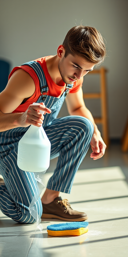 A young man in striped overalls kneeling while cleaning a surface, holding a spray bottle in one hand and a sponge in the other, realistic lighting, 35mm lens, f/2.8 aperture, ISO 100, natural light, shallow depth of field, soft focus background.