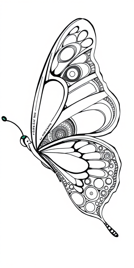 Create a detailed black and white illustration of a butterfly featuring intricate patterns on its wings, including varying shapes and sizes. The design should emphasize elegance and balance, with a smooth outline and symmetrical wing structure.