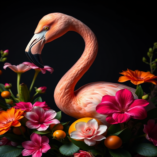 Create a hyper-realistic image of a pink flamingo surrounded by vibrant flowers and fruits, using a Canon EOS R5 camera with a 85mm f/1.2 lens at ISO 100, aperture f/4, and a shutter speed of 1/125 sec, in soft diffused lighting with a dark background for dramatic contrast.