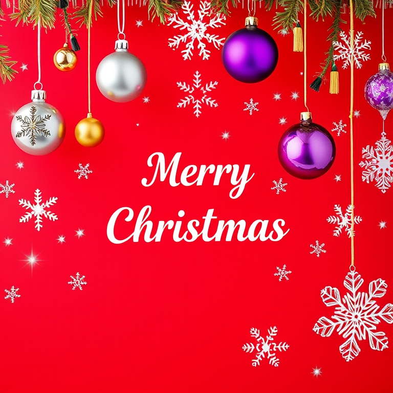 Create a vibrant Christmas decoration image featuring a red background with hanging silver, gold, and purple ornaments, snowflakes, stars, and a central text that says "Merry Christmas," using a DSLR camera, 50mm lens, f/2.8 aperture, ISO 100, and natural lighting for sharp focus and depth of field.