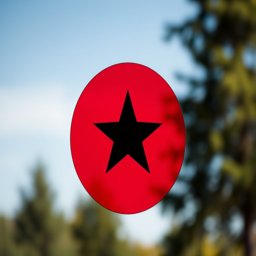 Create a high-resolution graphic of a black star centered in a red circular background, using a digital camera with a 50mm lens, aperture set to f/2.8, ISO 100, shot in bright daylight for enhanced color saturation and clarity.
