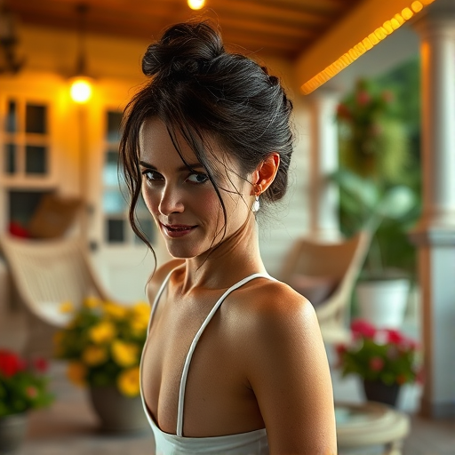 A photo of Nicole Kidman with a background of a cozy porch. She has dark hair pulled back in an updo, with tendrils framing her face. She wears a white tank top and sits on the porch. The porch is part of a well-lit home with a warm, earthy tone and colorful flowers and foliage. The overall scene has a warm, welcoming, and comfortable ambiance.