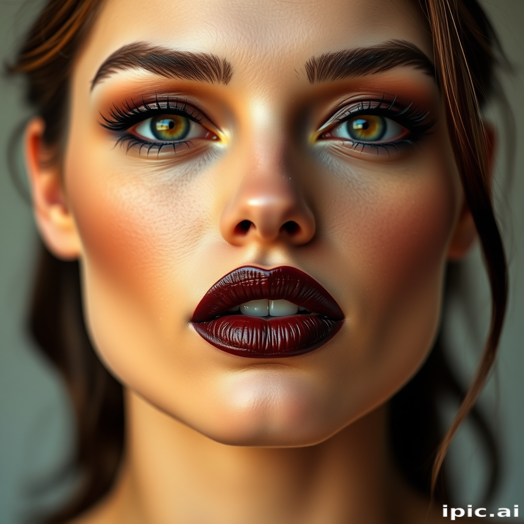 Sensual woman lips coated in rich chocolate brown satin lipstick, full face portrait emphasizing sultry gaze and captivating features