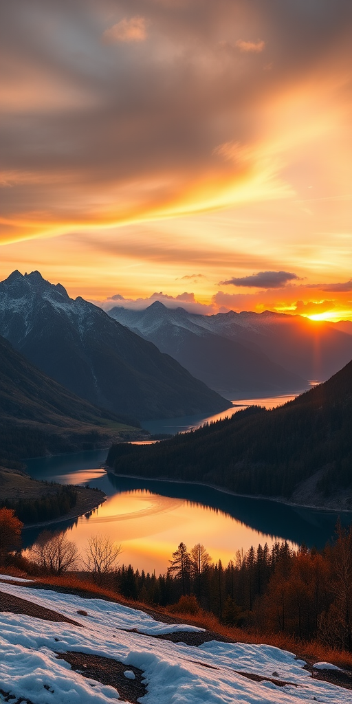 High-resolution image of a serene landscape with mountains and a lake at sunset, captured with a Canon EOS 5D Mark IV, 24mm f/1.4 lens, ISO 100, aperture f/8, shutter speed 1/60s, panoramic view, vibrant color enhancements.