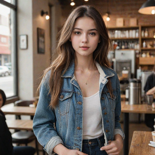 score_9, score_8_up, score_8, score_7_up, score_7, score_6_up, score_6, score_5_up, score_5,  21 year old 1girl, beautiful face, cute girl, gorgeous, supermodel, dark brown eyes, shoulder-length straight hair, parted in the middle, furry denim jacket, white tank top, makeup. Pale smooth Skin, coffee shop blurry background.