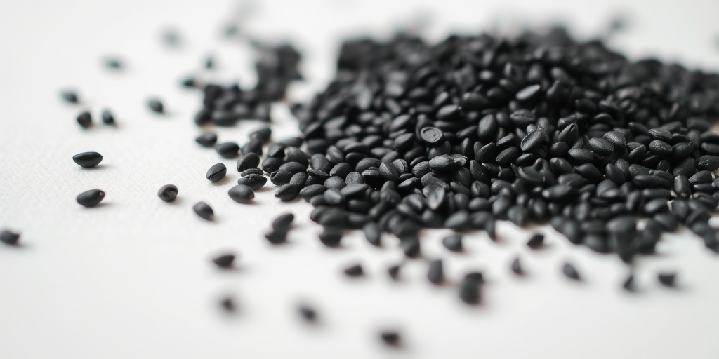 close-up shot of a pile of small black seeds scattered on a white surface, natural light, f/4, ISO 100, 50mm lens, DSLR camera, shallow depth of field