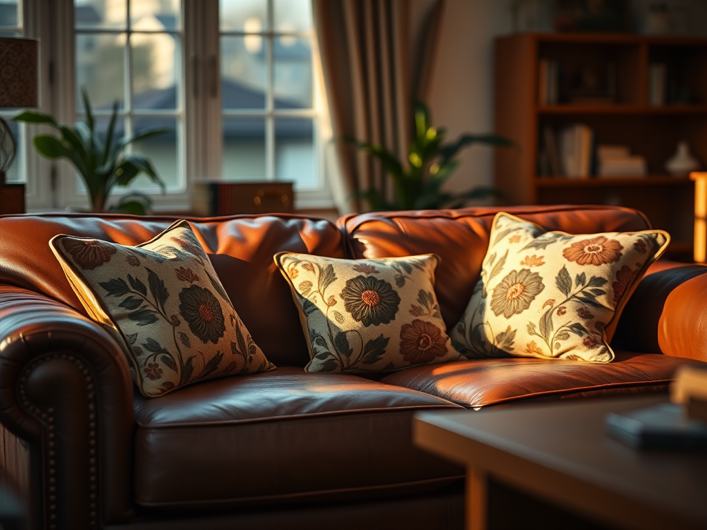Create a cozy living room scene featuring a leather sofa with decorative floral-patterned cushions, illuminated by warm evening light, captured with a Canon EOS R5 at f/2.8, ISO 200, shutter speed 1/60s, using a shallow depth of field for a soft background bokeh.
