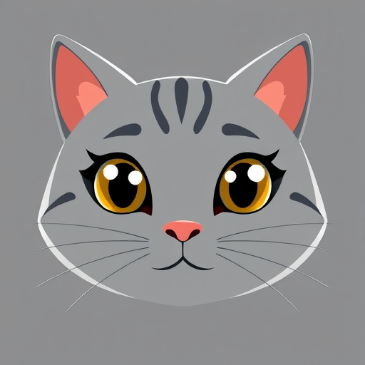 Create a high-resolution illustration of a cartoon cat face, focusing on a gray color scheme, using a digital art style, with a 50mm lens, f/2.8 aperture, 1/250 sec shutter speed, and natural lighting for enhanced clarity and detail.